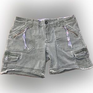 Free People Y2K Vintage Low Rise Olive Cut Off Cargo Shorts Floral Ribbon 4